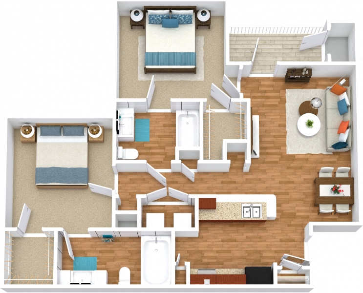 Floor plan for 2 beds, 2 baths, 955 sqft
